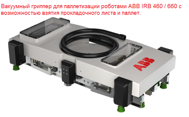 Вакуумный гриппер для паллетизации роботами ABB IRB 460-660 взятие прокладочного листа и паллет.